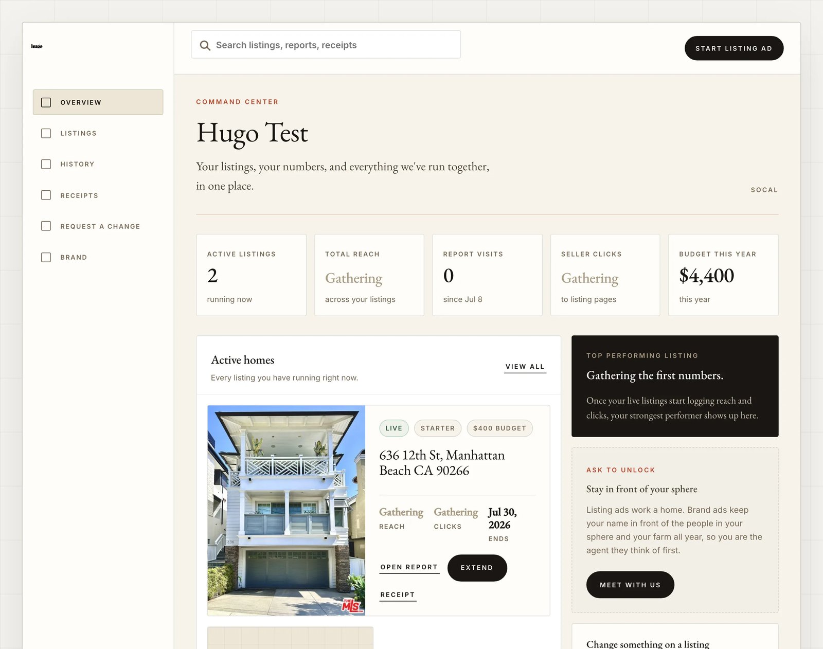 The Hugo Command Center dashboard showing active listings, reach numbers, and receipts in one place
