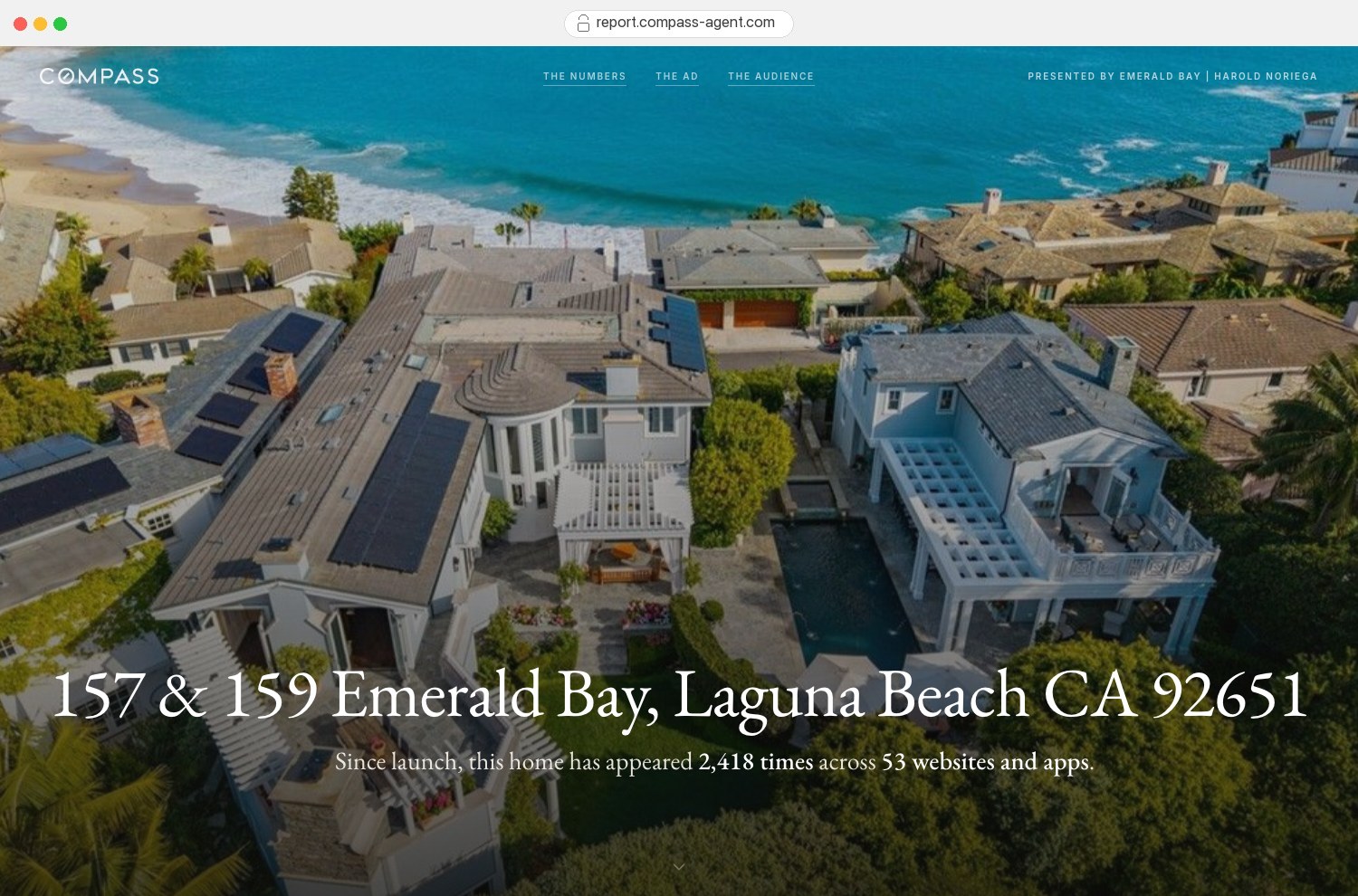 A live Hugo Traffic Report for 157 & 159 Emerald Bay, Laguna Beach, open in a browser.