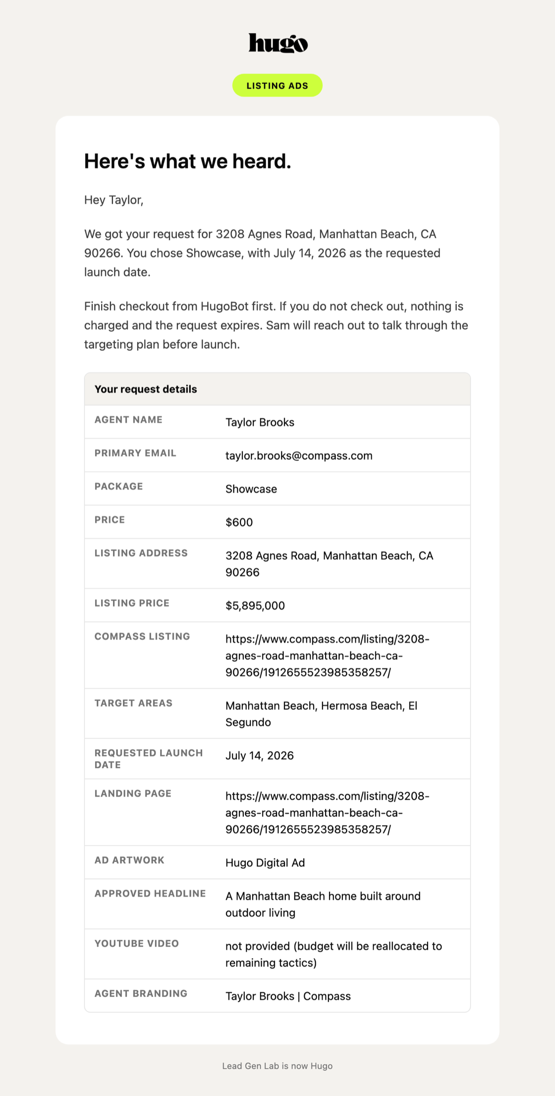 The request confirmation email for 3208 Agnes Road, Manhattan Beach