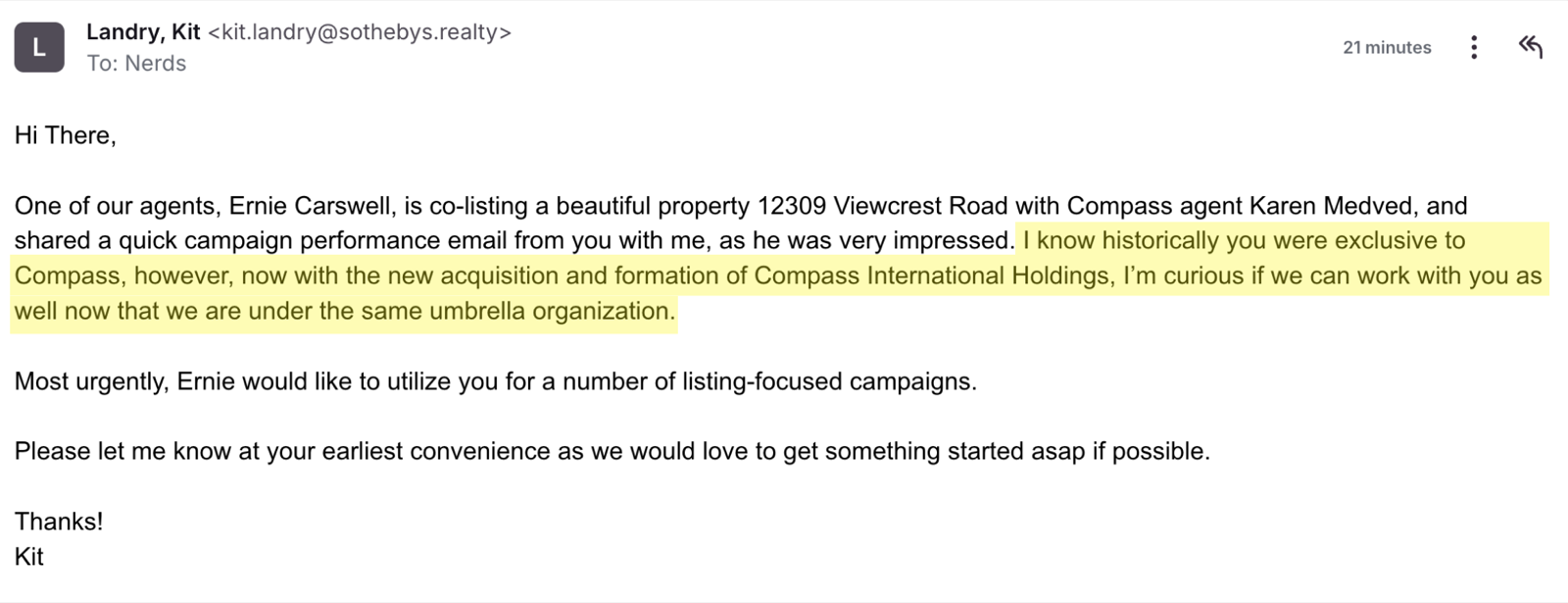 An unsolicited email from a Sotheby's International Realty marketing lead: an agent co-listing with a Compass agent saw hugo's campaign performance email, was very impressed, and Sotheby's is asking whether they can work with hugo now that both fall under Compass International Holdings